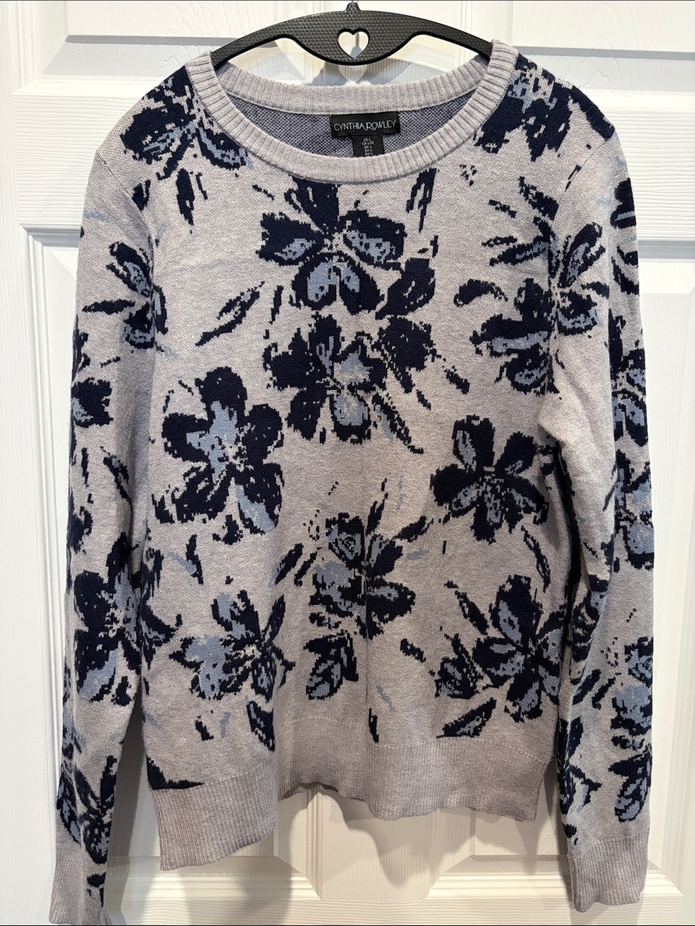 Cynthia Rowley Light Gray Sweater with Navy Floral Pattern